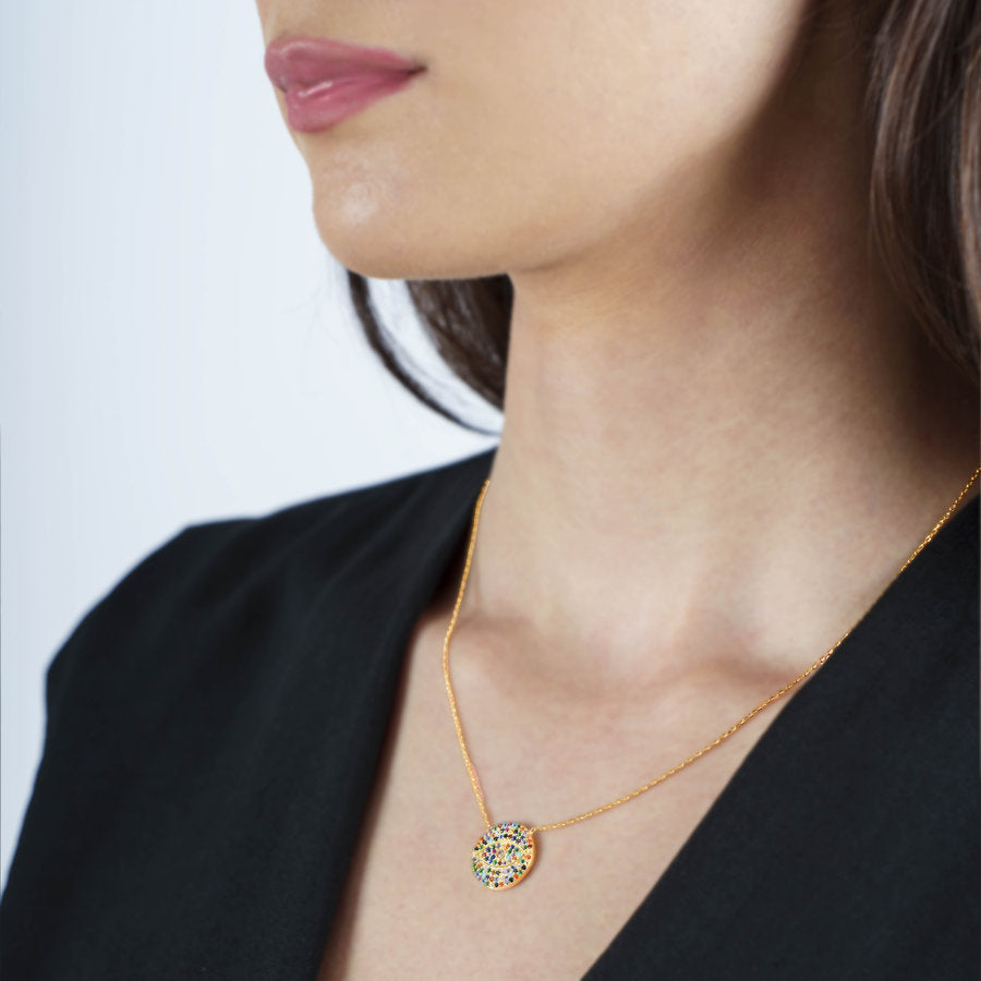 Colorful Circle Necklace – 925 Sterling Silver, Gold-Plated, with Gemstone
